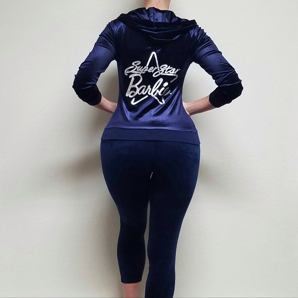 Rare Retro Barbie Loves Splash Silver Superstar Barbie Dark Indigo Velvet Hoodie - Picture 3 of 15